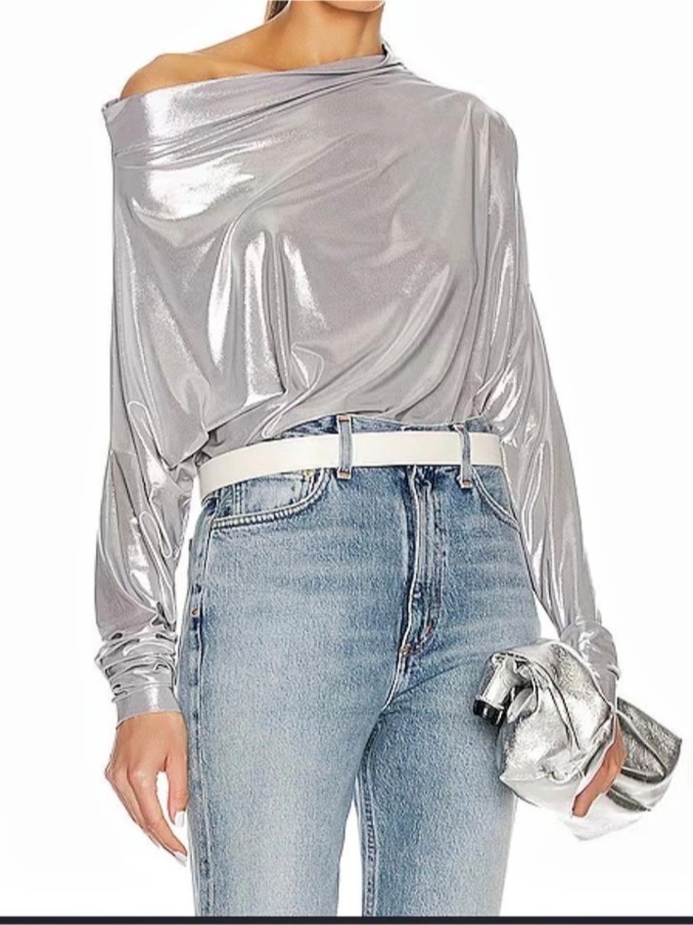 Norma Kamali Long Sleeve Drop Shoulder Top Silver convertible